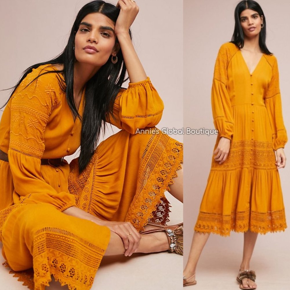 RARE NWT ANTHROPOLOGIE Golden Peasant Embroidered Maxi Dress. Size 4 - Picture 9 of 16